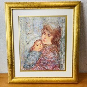 Framed Gold Art Print with Mother and Child Vintage “The Bonnet” by Edna Hibel